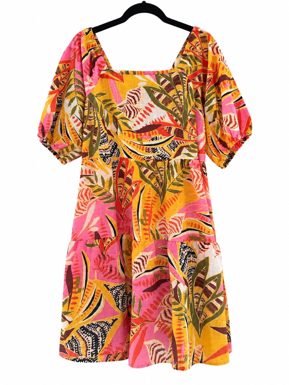 Mlle Gabrielle Dress Yellow Floral Cotton Tiered Short Puff Sleeve Women's 1X